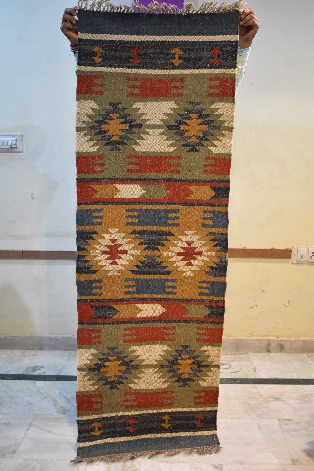 Handwoven Wool & Jute Kilim Runner Rug | Tribal Geometric Pattern | Natural Eco-Friendly Boho Rug | Rustic Hallway Carpet