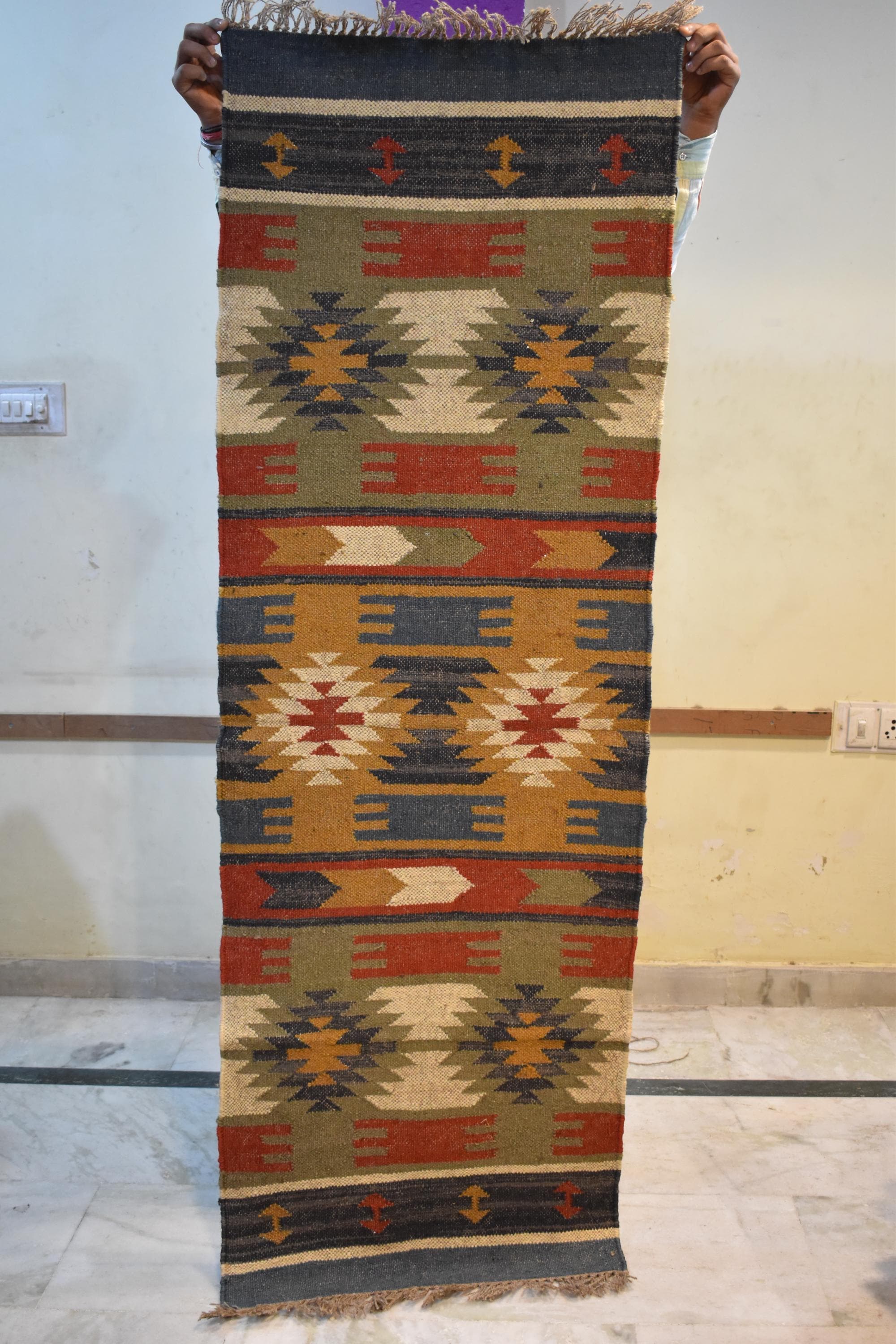 Handwoven Wool & Jute Kilim Runner Rug | Tribal Geometric Pattern | Natural Eco-Friendly Boho Rug | Rustic Hallway Carpet
