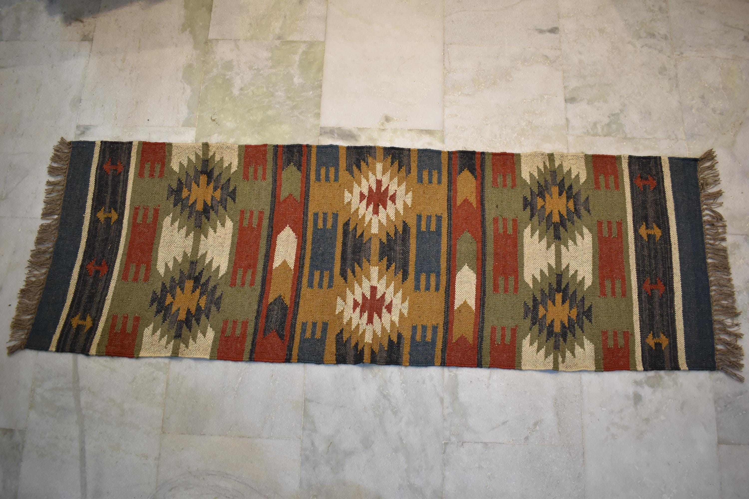 Handwoven Wool & Jute Kilim Runner Rug | Tribal Geometric Pattern | Natural Eco-Friendly Boho Rug | Rustic Hallway Carpet