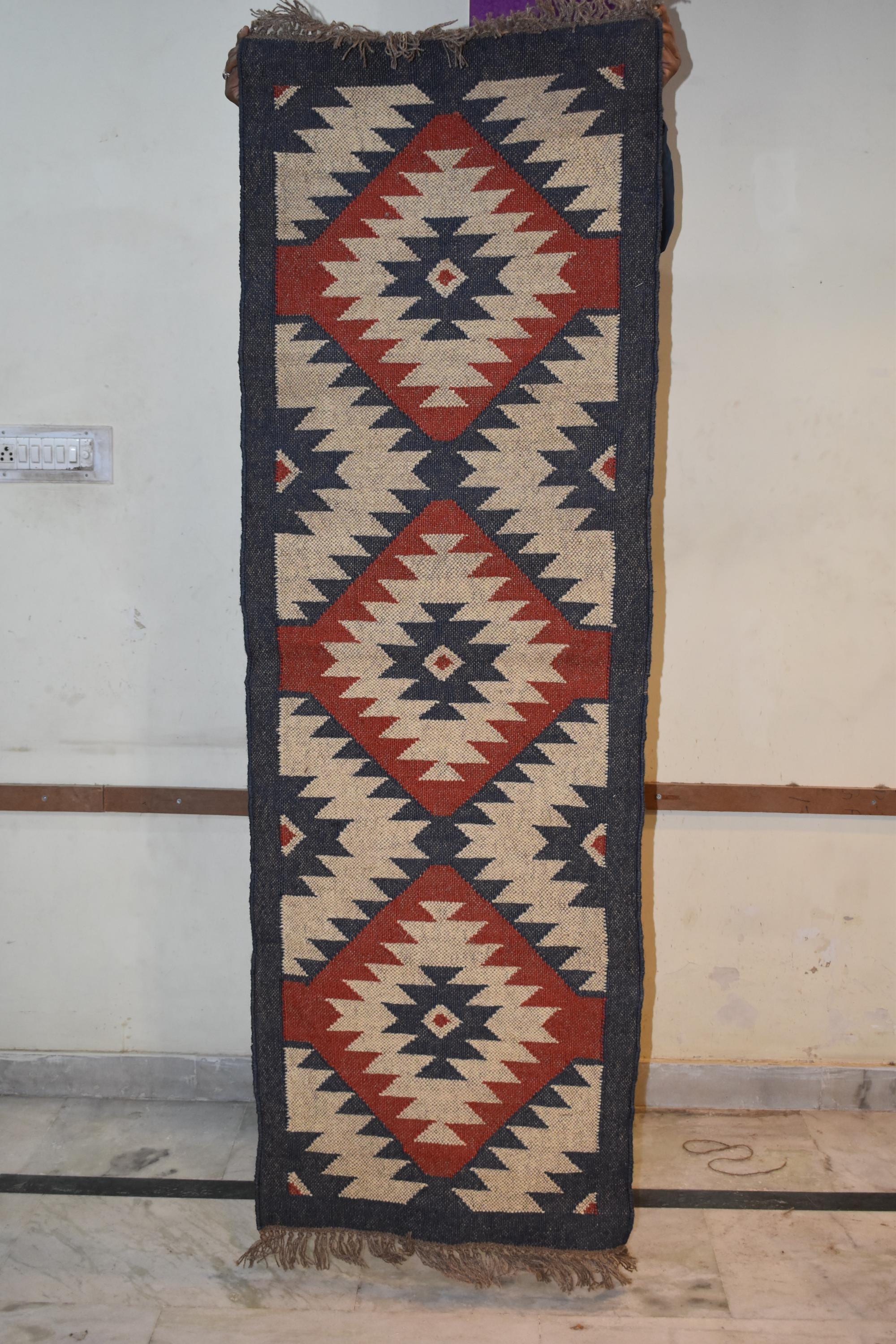 Handwoven Wool & Jute Kilim Runner Rug | Tribal Diamond Pattern | Rustic Boho Hallway Runner | Natural Flatweave Rug