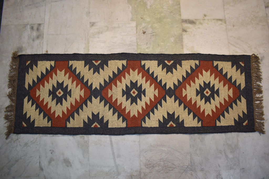 Handwoven Wool & Jute Kilim Runner Rug | Tribal Diamond Pattern | Rustic Boho Hallway Runner | Natural Flatweave Rug