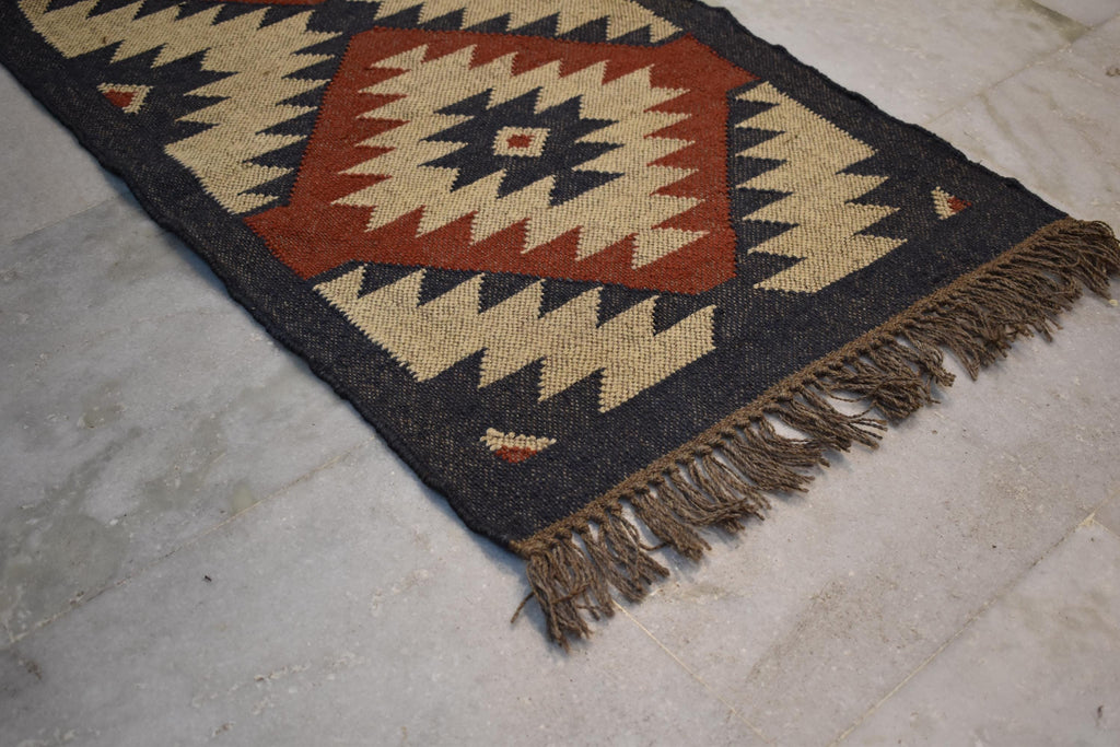 Handwoven Wool & Jute Kilim Runner Rug | Tribal Diamond Pattern | Rustic Boho Hallway Runner | Natural Flatweave Rug