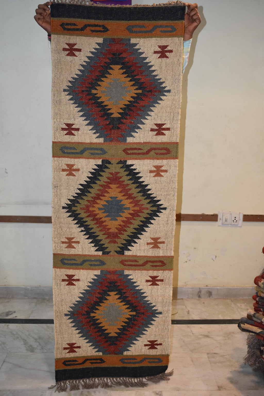Wool & Jute Kilim Runner Rug | Tribal Diamond Pattern | Rustic Boho Hallway Runner | Natural Flatweave Rug