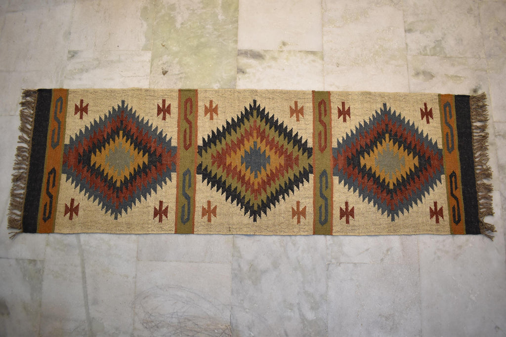 Wool & Jute Kilim Runner Rug | Tribal Diamond Pattern | Rustic Boho Hallway Runner | Natural Flatweave Rug