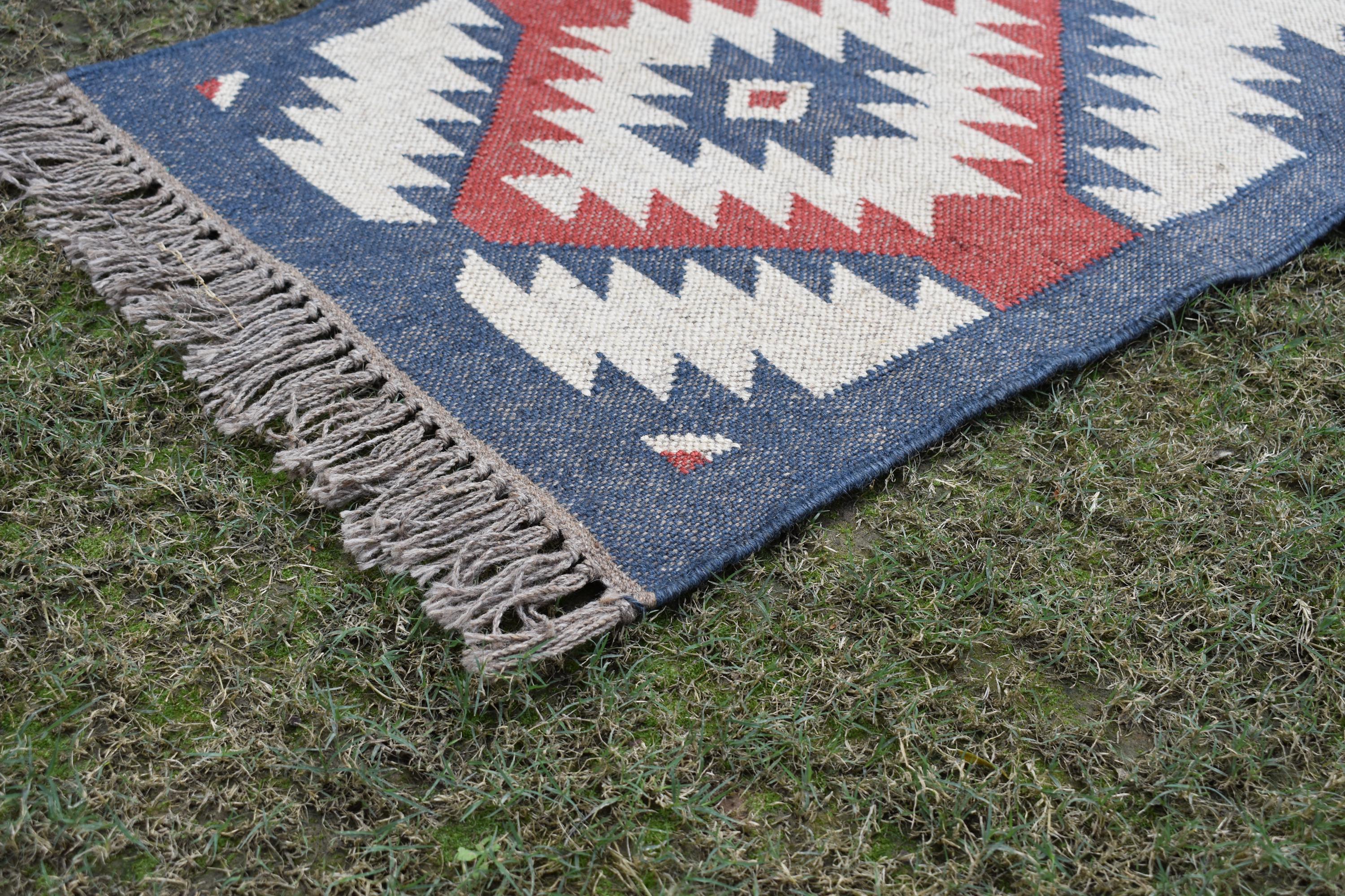 White Handwoven Wool & Jute Kilim Runner Rug | Tribal Diamond Geometric Hallway Rug | Wool Jute Kilim Runner