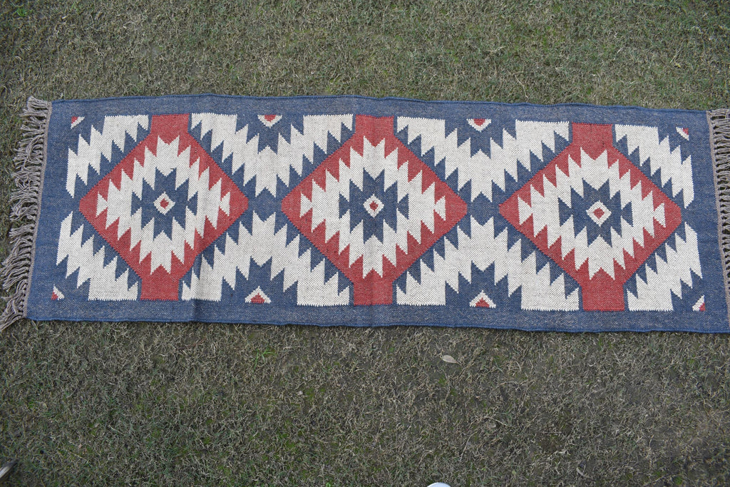 White Handwoven Wool & Jute Kilim Runner Rug | Tribal Diamond Geometric Hallway Rug | Wool Jute Kilim Runner