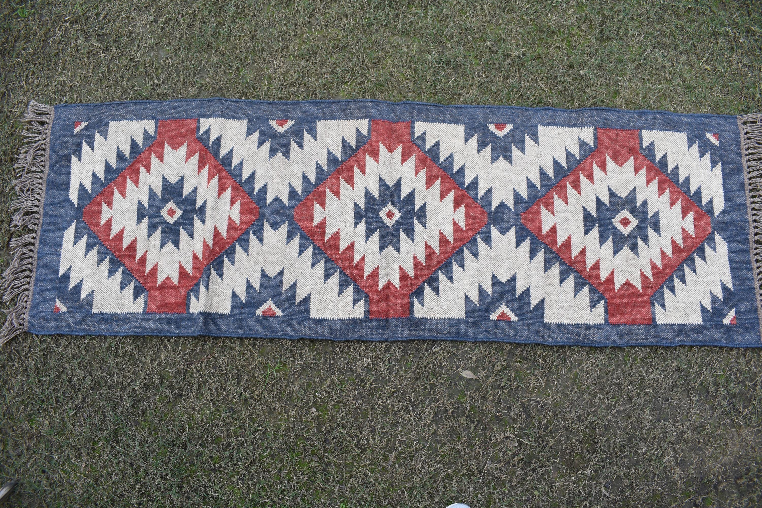 White Handwoven Wool & Jute Kilim Runner Rug | Tribal Diamond Geometric Hallway Rug | Wool Jute Kilim Runner