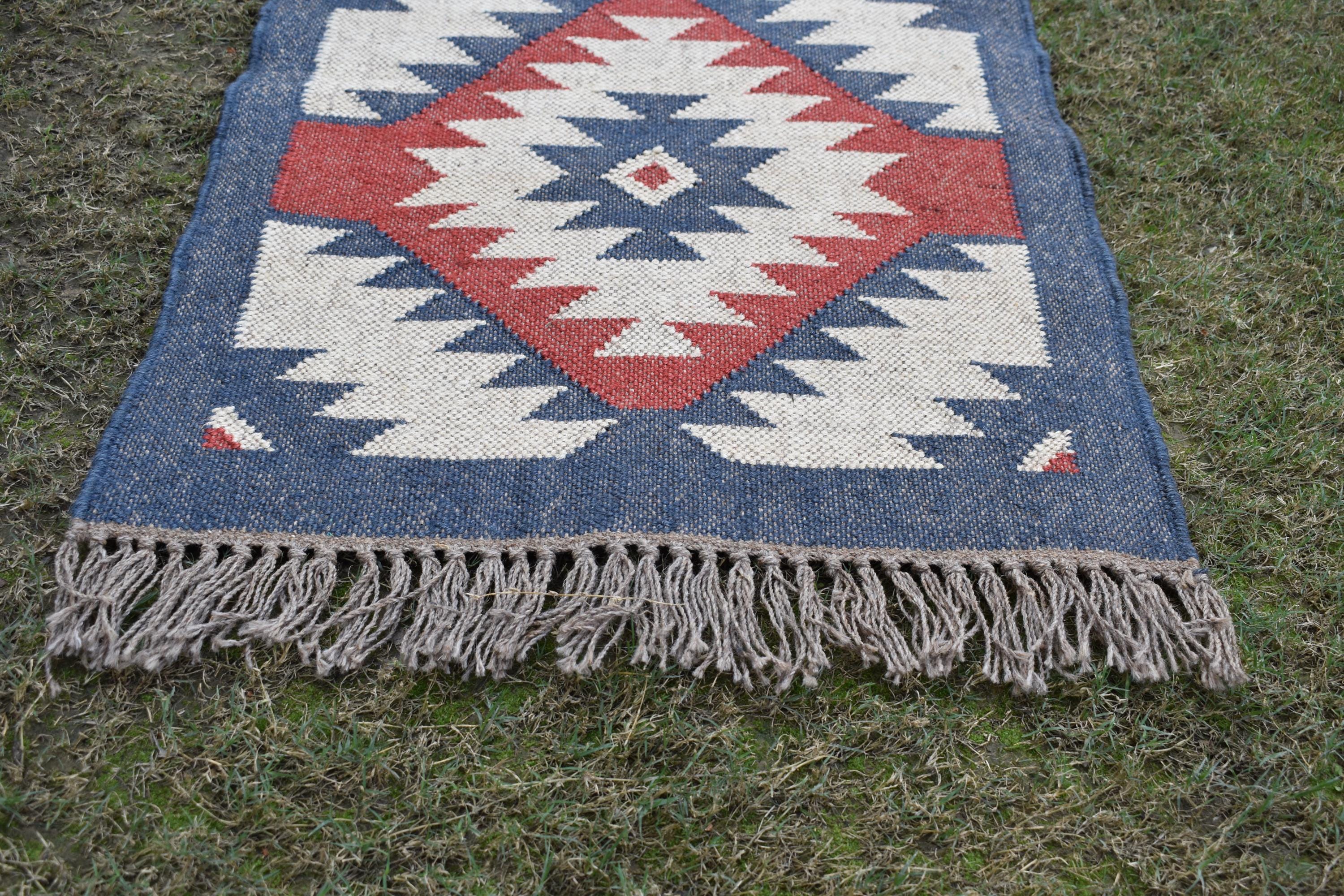Wool & Jute Kilim Runner Rug | Handwoven Tribal Geometric Hallway Runner | Handwoven Wool Runner