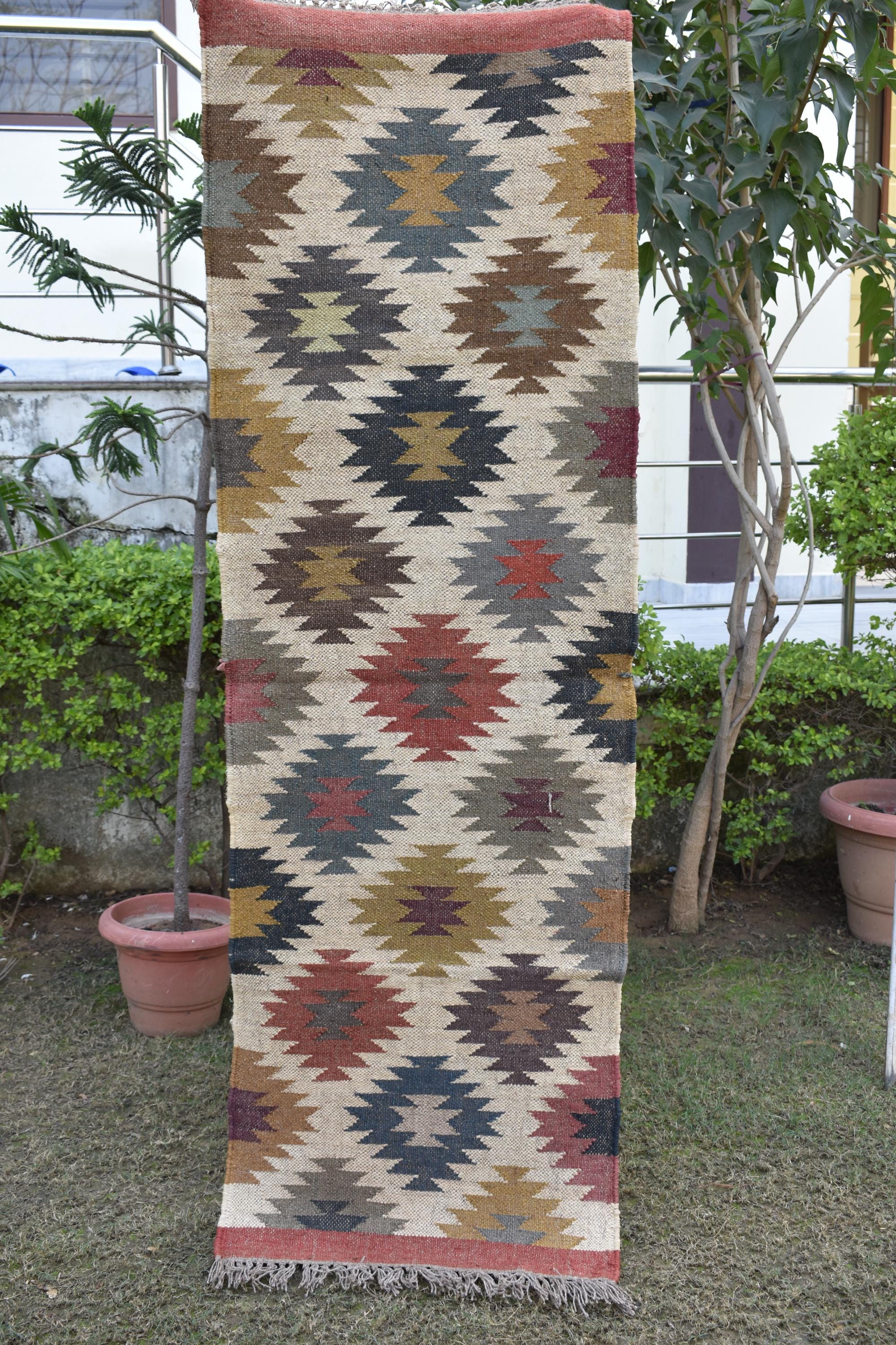 Wool & Jute Kilim Runner Rug | Handwoven Tribal Geometric Hallway Runner | Handwoven Wool Runner
