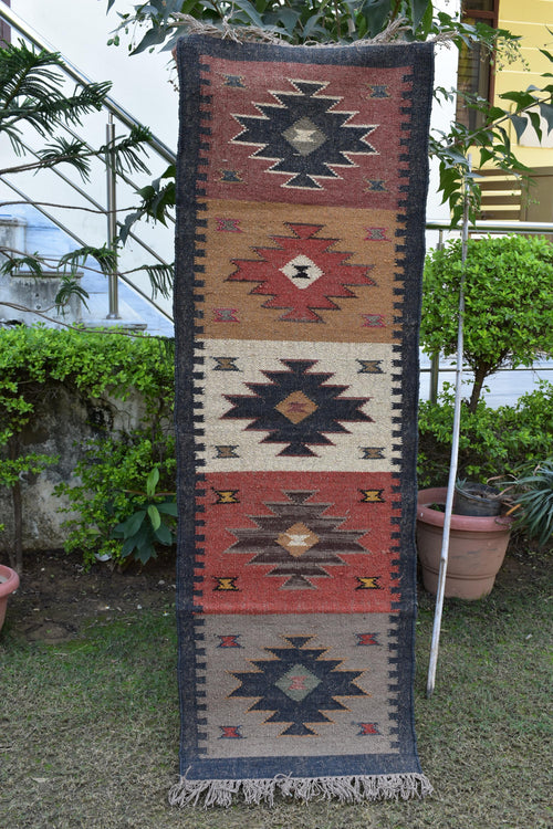 Boho Wool & Jute Kilim Runner | Earthy Hallway Rug | Rustic Rug | Handwoven Tribal Carpet
