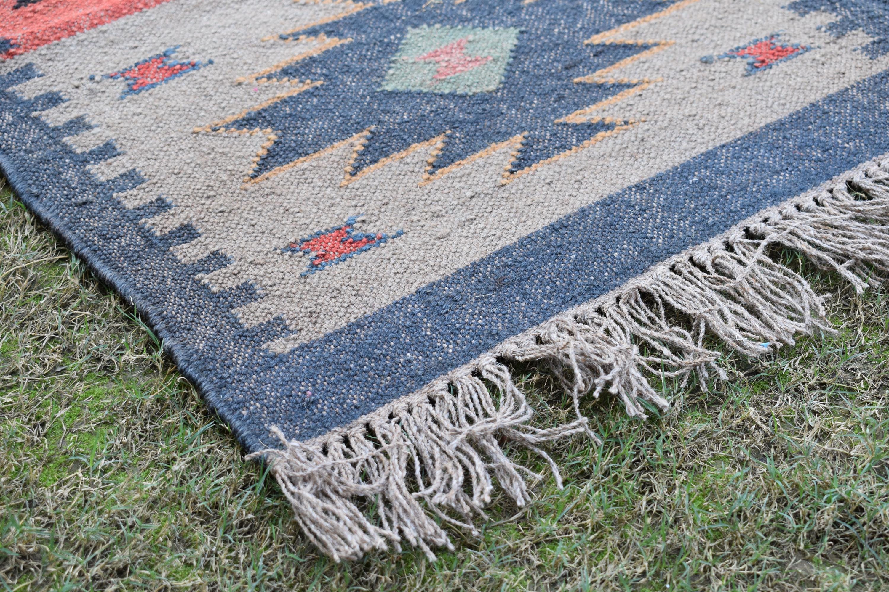 Boho Wool & Jute Kilim Runner | Earthy Hallway Rug | Rustic Rug | Handwoven Tribal Carpet