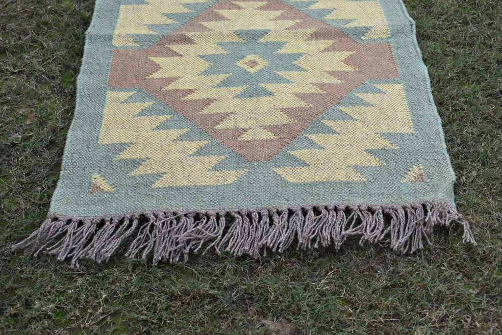 Multicolor Wool & Jute Kilim Runner | Handmade Tribal Pattern Rug | Earth Tone Kilim Runner Rug