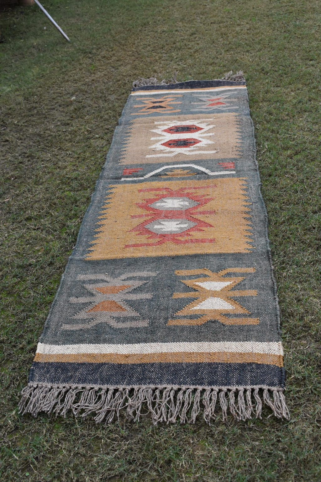 Handwoven Wool Jute Artisan Flatweave | Neutral & Rustic Wool Jute Runner | Tribal Geometric Kilim