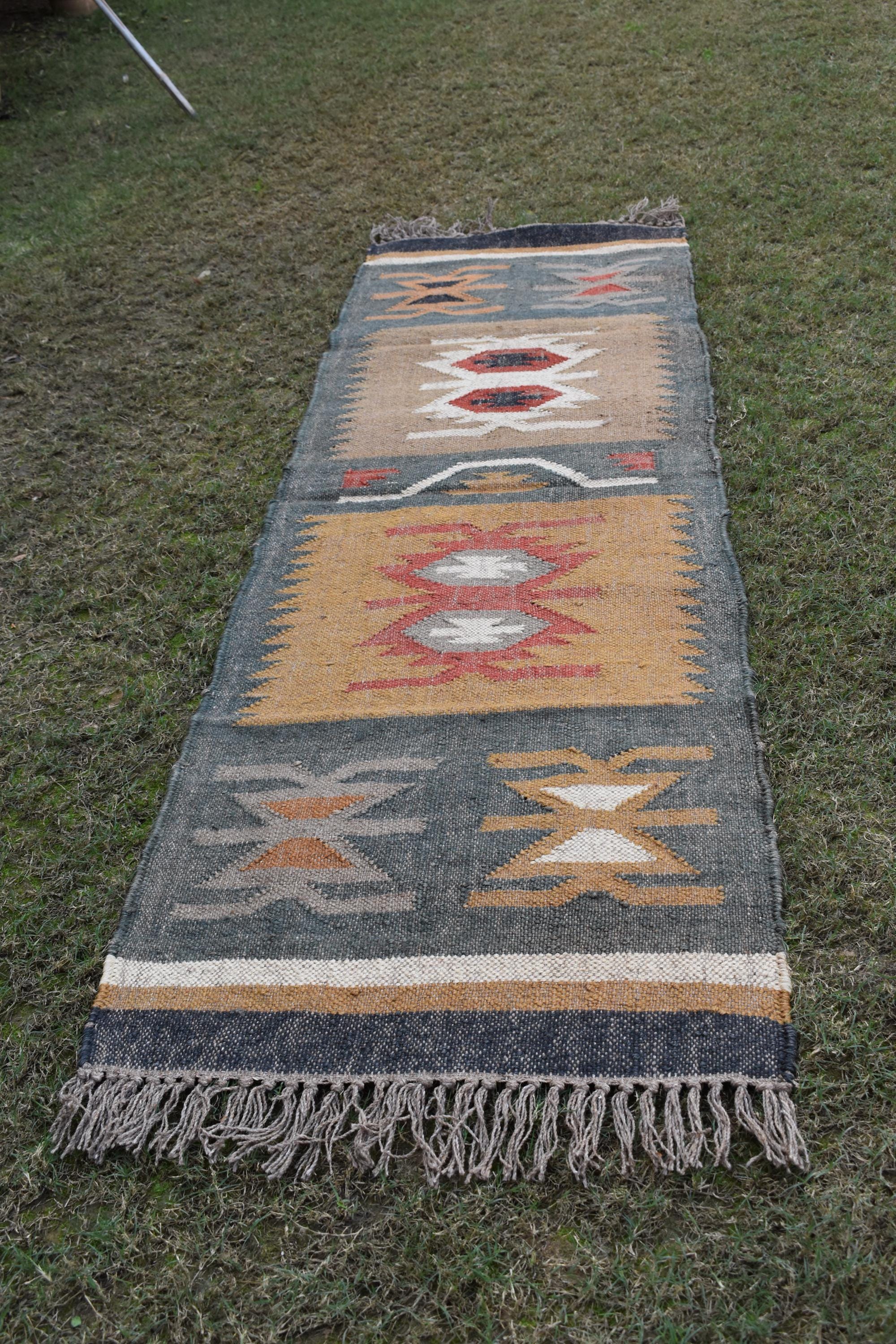 Handwoven Wool Jute Artisan Flatweave | Neutral & Rustic Wool Jute Runner | Tribal Geometric Kilim