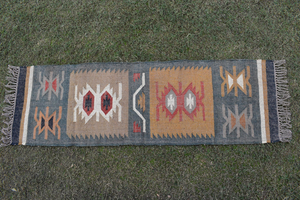 Handwoven Wool Jute Artisan Flatweave | Neutral & Rustic Wool Jute Runner | Tribal Geometric Kilim