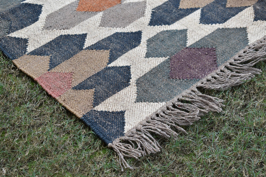 Natural Kilim Runner Rug Colorful Geometric Wool Jute Runner | Boho Tribal Hallway Rug | Flat Weave Style Runner