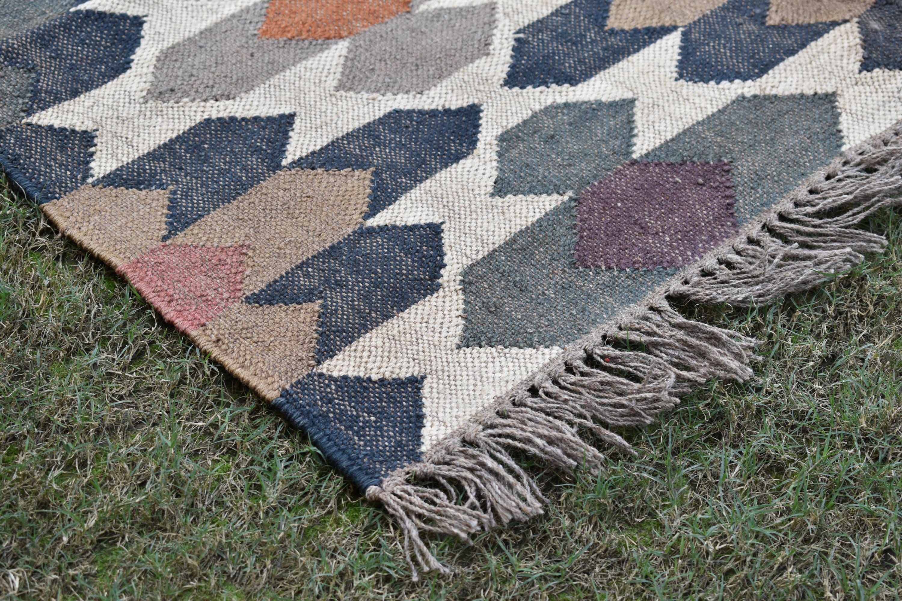 Natural Kilim Runner Rug Colorful Geometric Wool Jute Runner | Boho Tribal Hallway Rug | Flat Weave Style Runner