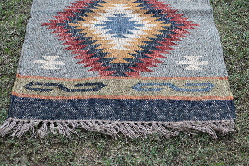 Wool and Jute Runner Rug | Authentic Tribal Motifs in Flatweave Style | Tribal Geometric Kilim | Living Room Runner