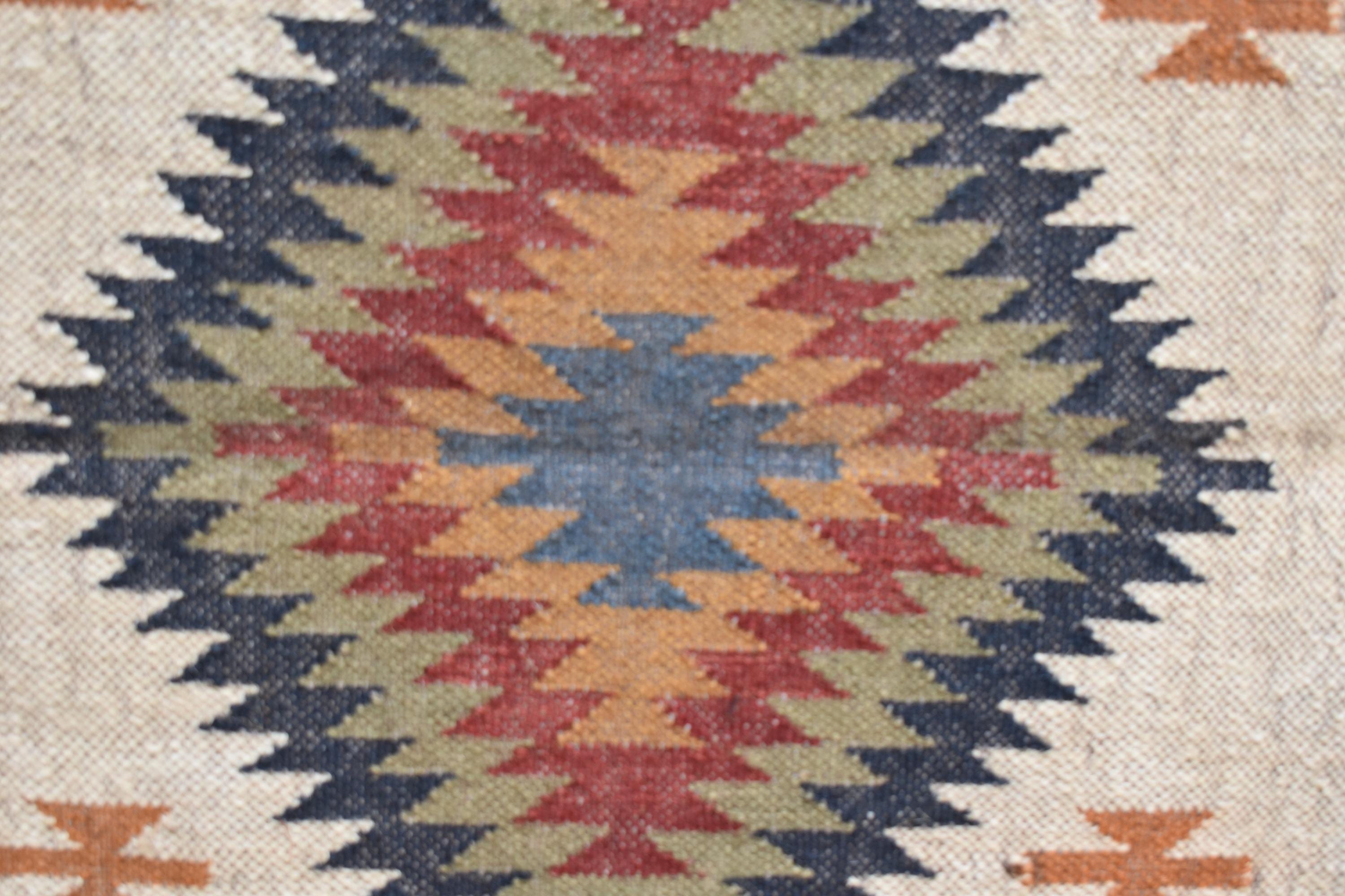 Wool and Jute Runner Rug | Authentic Tribal Motifs in Flatweave Style | Tribal Geometric Kilim | Living Room Runner
