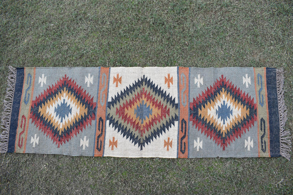 Wool and Jute Runner Rug | Authentic Tribal Motifs in Flatweave Style | Tribal Geometric Kilim | Living Room Runner