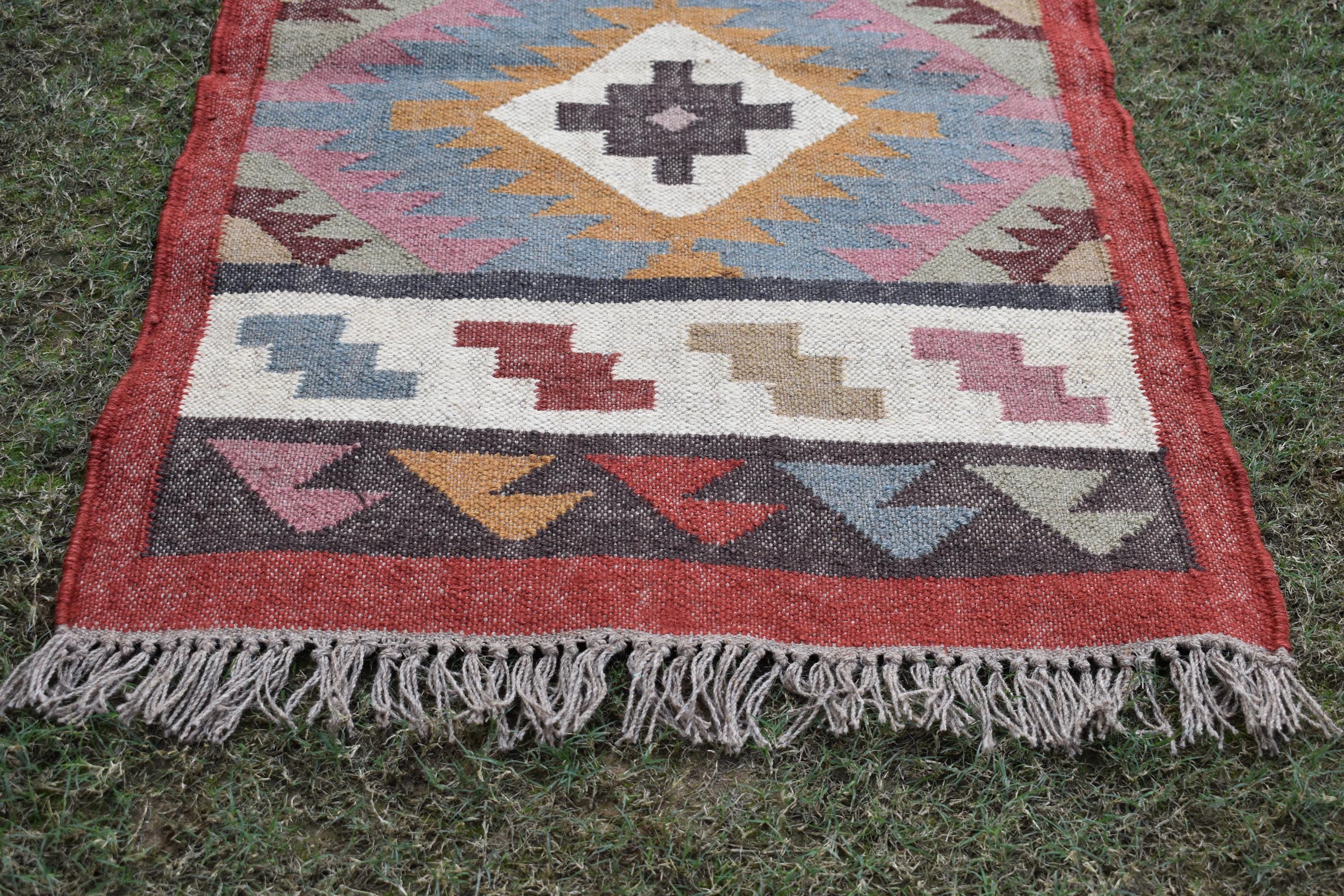 Handmade Wool and Jute Kilim Dhurrie Rug Traditional Indian Design | Runner For Kitchen | Stairs Runner | Housewarming Gifts