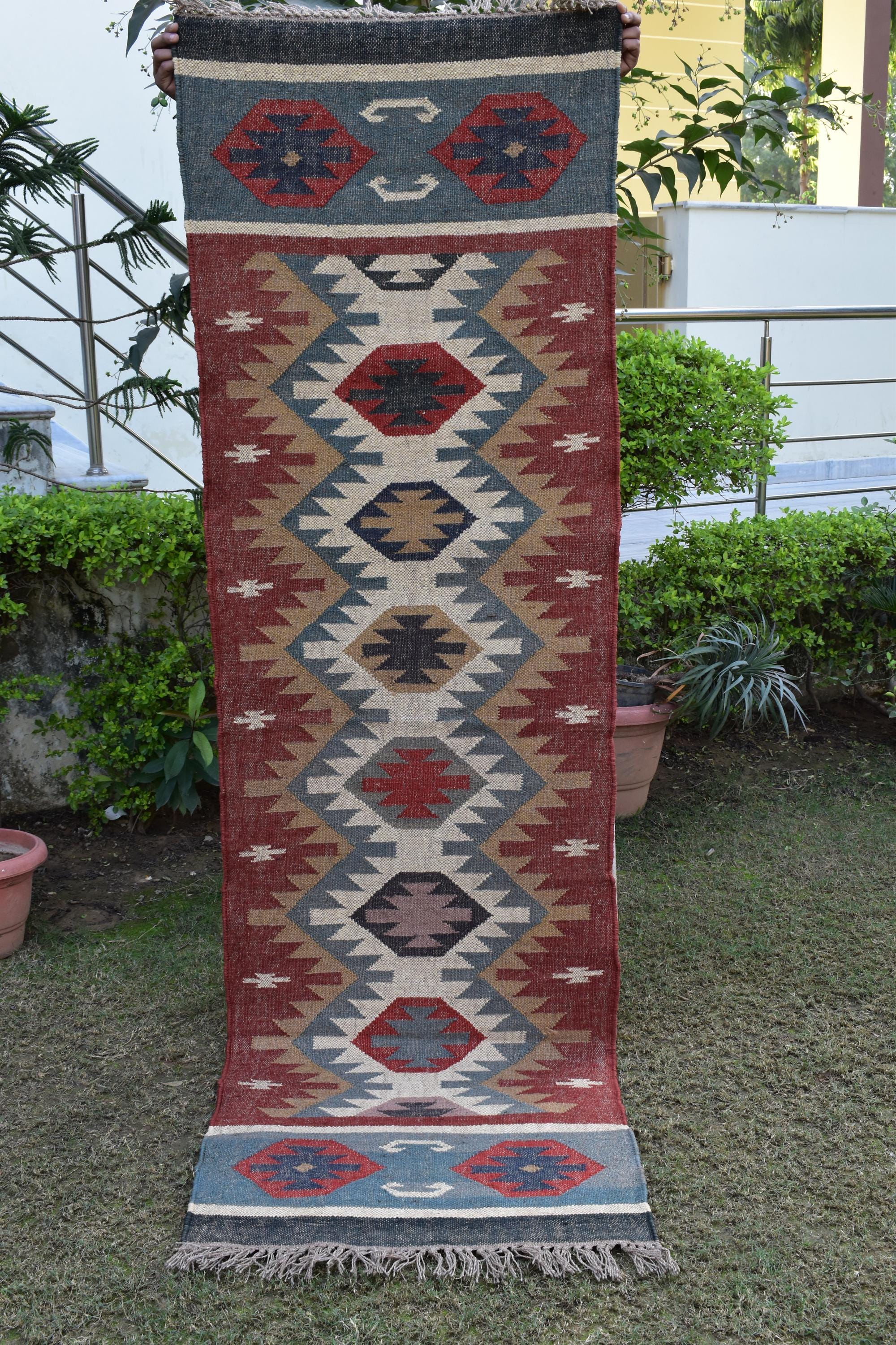 Handwoven Kilim Stair Runner, Custom Size Natural Jute Rug for Indoor Outdoor Stairs, Hallway, Geometric Eco-Friendly Rug for Home Decor
