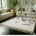 Plush Moroccan Beniourain Wool Rug 5x8, White & Navy Blue Handmade Area Rug, Luxury Berber Home Decor Tribal Carpet