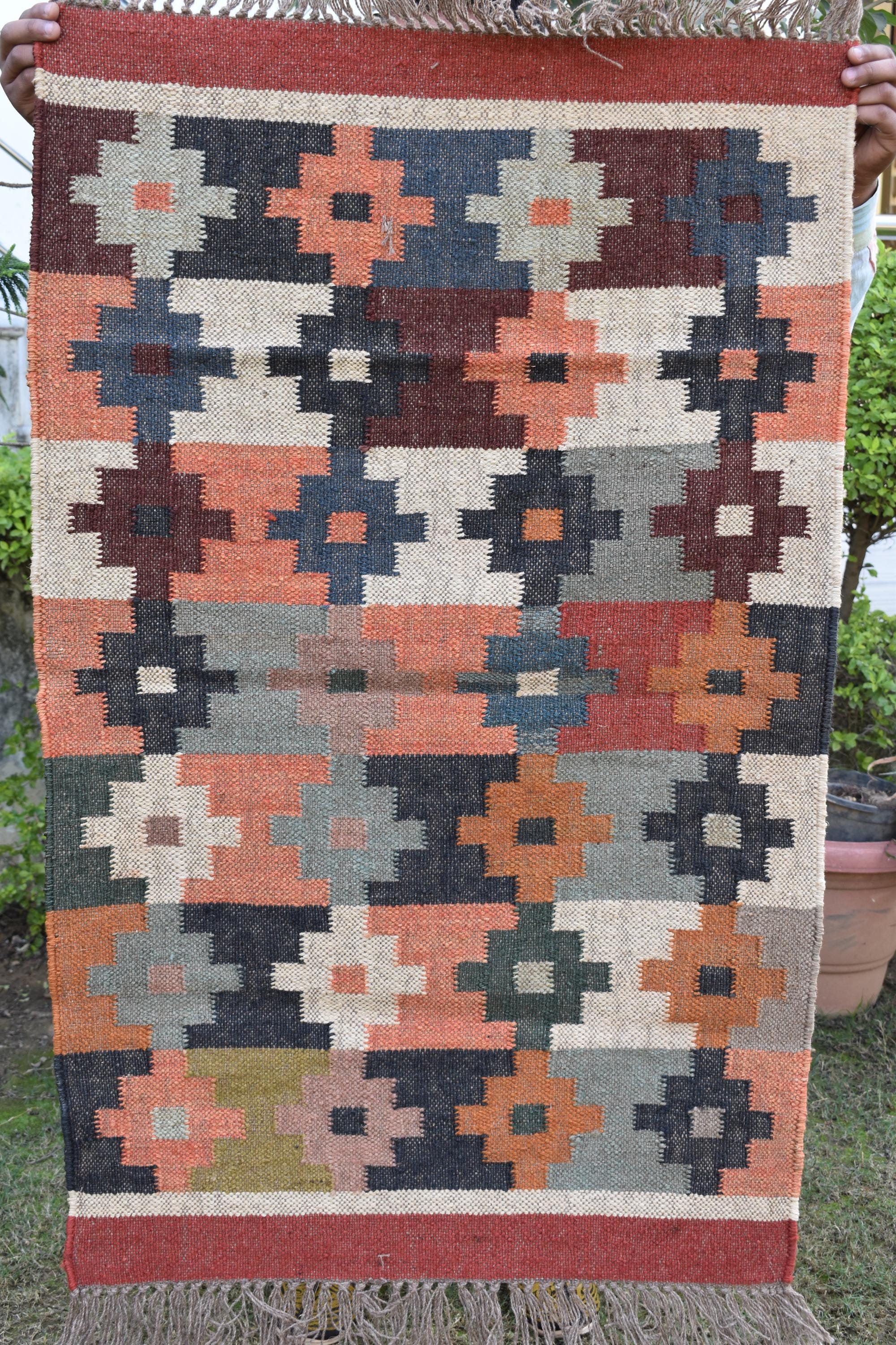 Handwoven Wool Kilim Area Rug | Tribal Diamond Medallion Pattern | Rustic Boho Flatweave Rug | Ethnic Home Decor | Handwoven Wool Rug