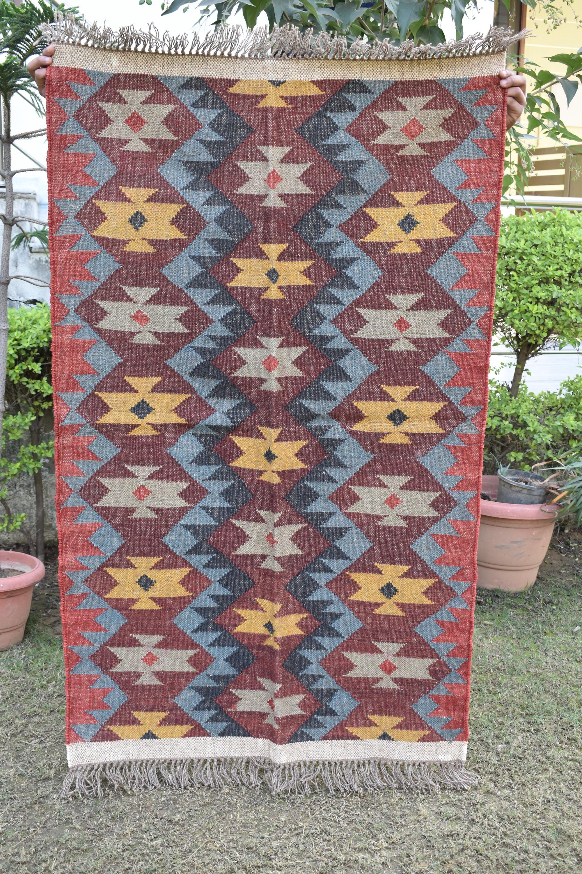 Handwoven Wool Jute Runner Rug | Tribal Geometric Kilim Design | Boho Vintage Style Hallway & Living Room Carpet