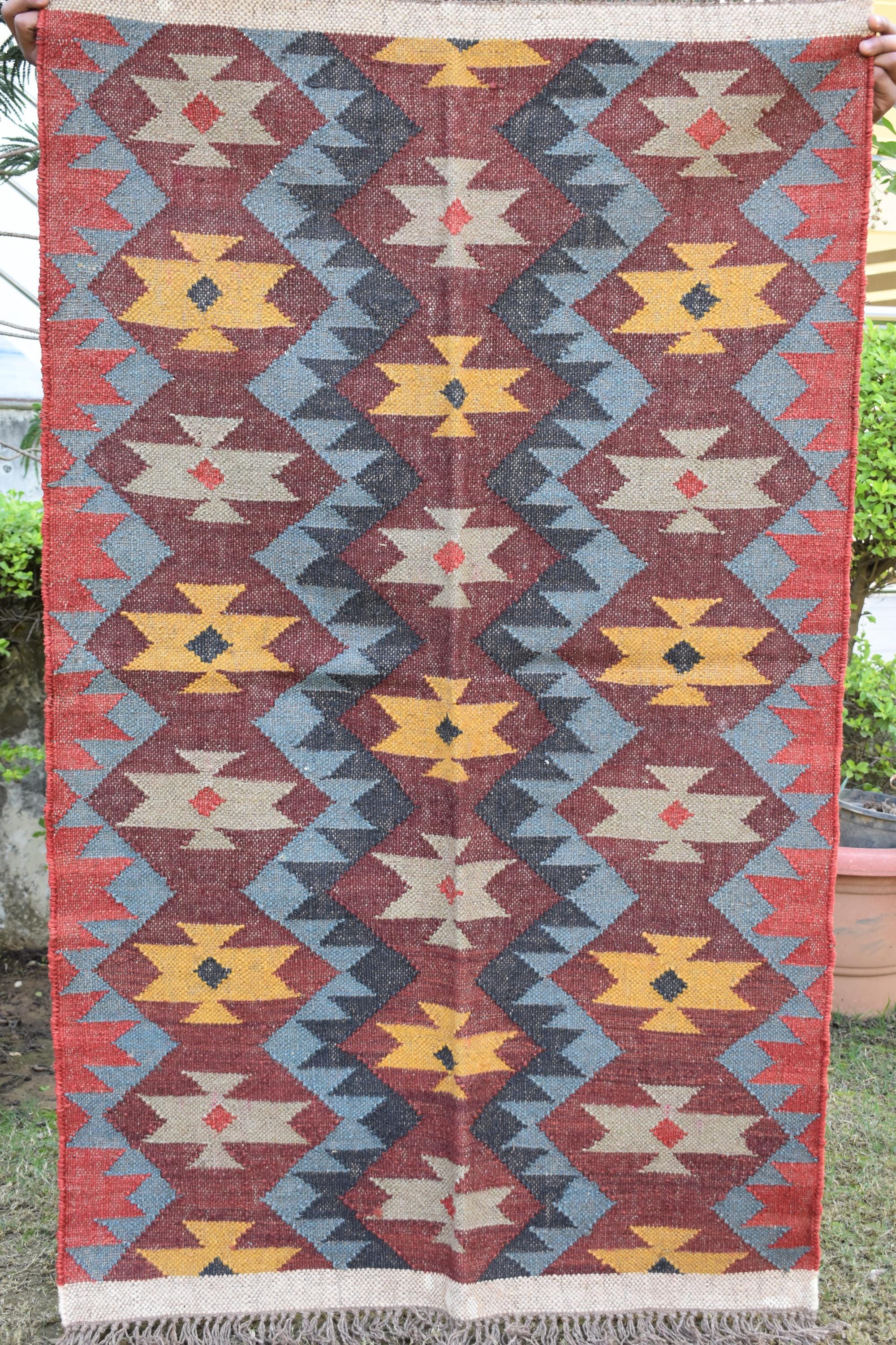 Handwoven Kilim Rug, Tribal Dhurrie Rug, Geometric Flat Weave Rug, Indian Handmade Rug, Boho Area Rug, Cotton Kilim Carpet