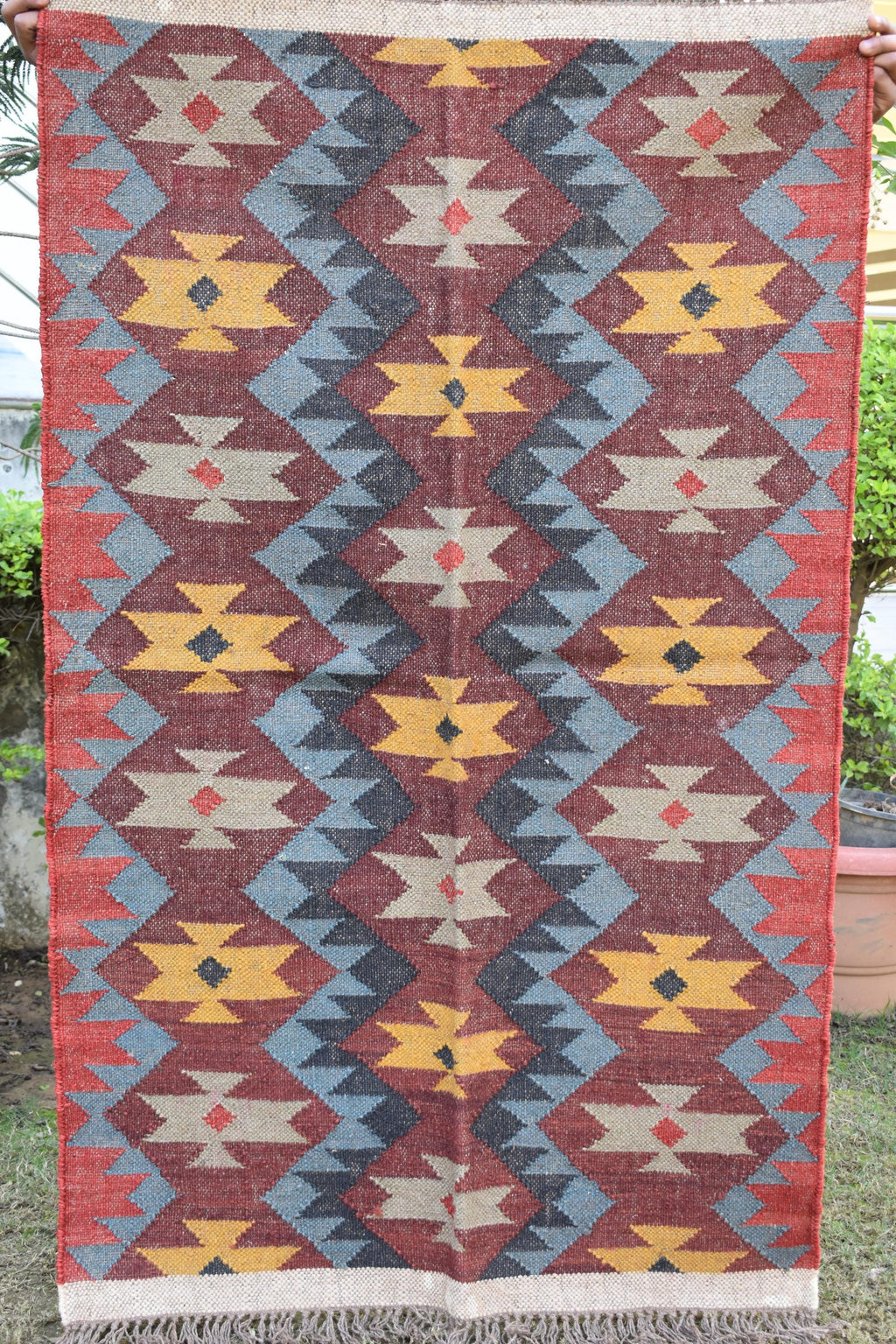 Handwoven Wool Jute Runner Rug | Tribal Geometric Kilim Design | Boho Vintage Style Hallway & Living Room Carpet