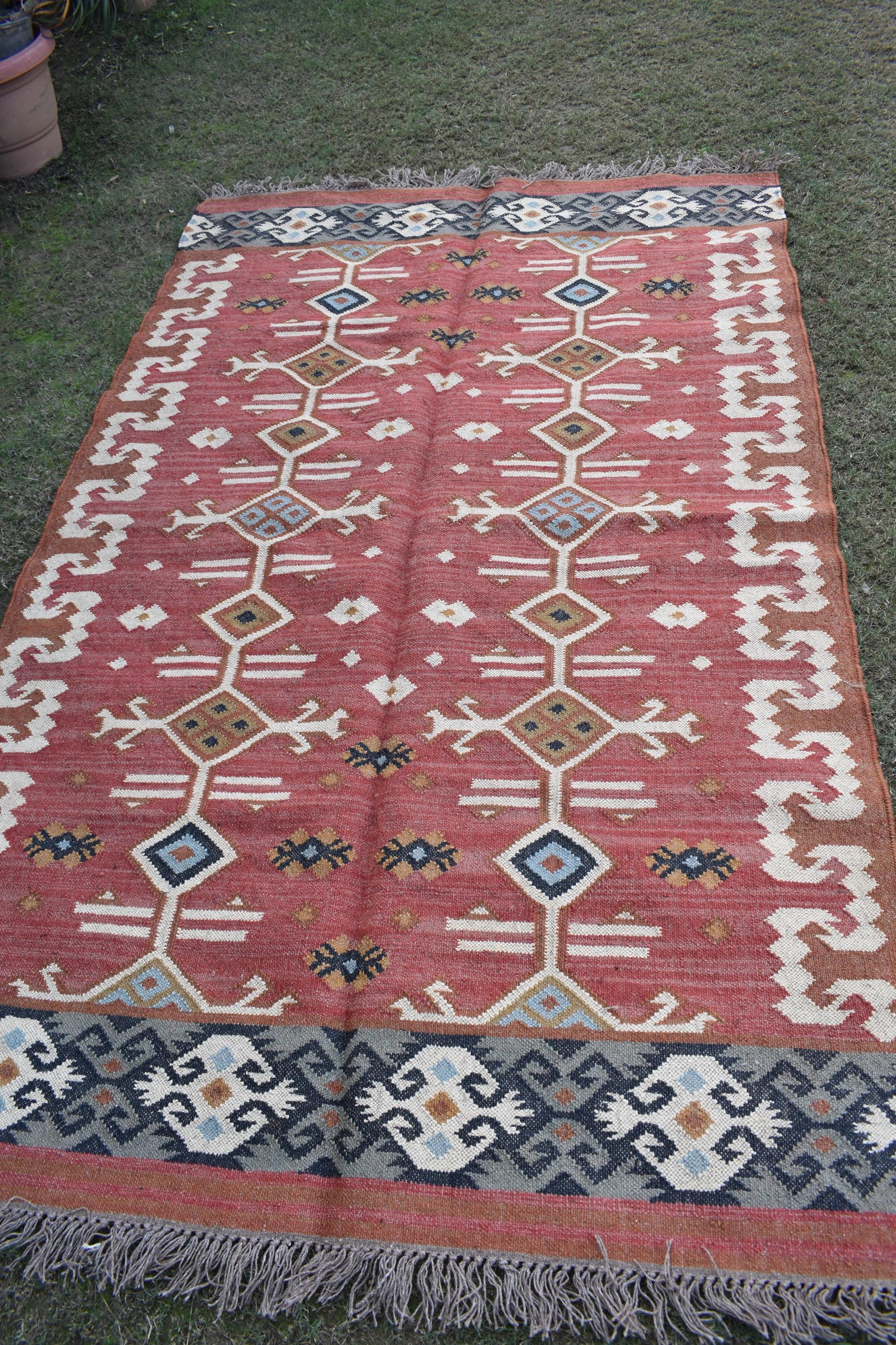 Rustic Wool Jute Kilim Rug, Tribal Flat Weave Area Rug, Handmade Indian Boho Carpet, Natural Fiber Floor Rug
