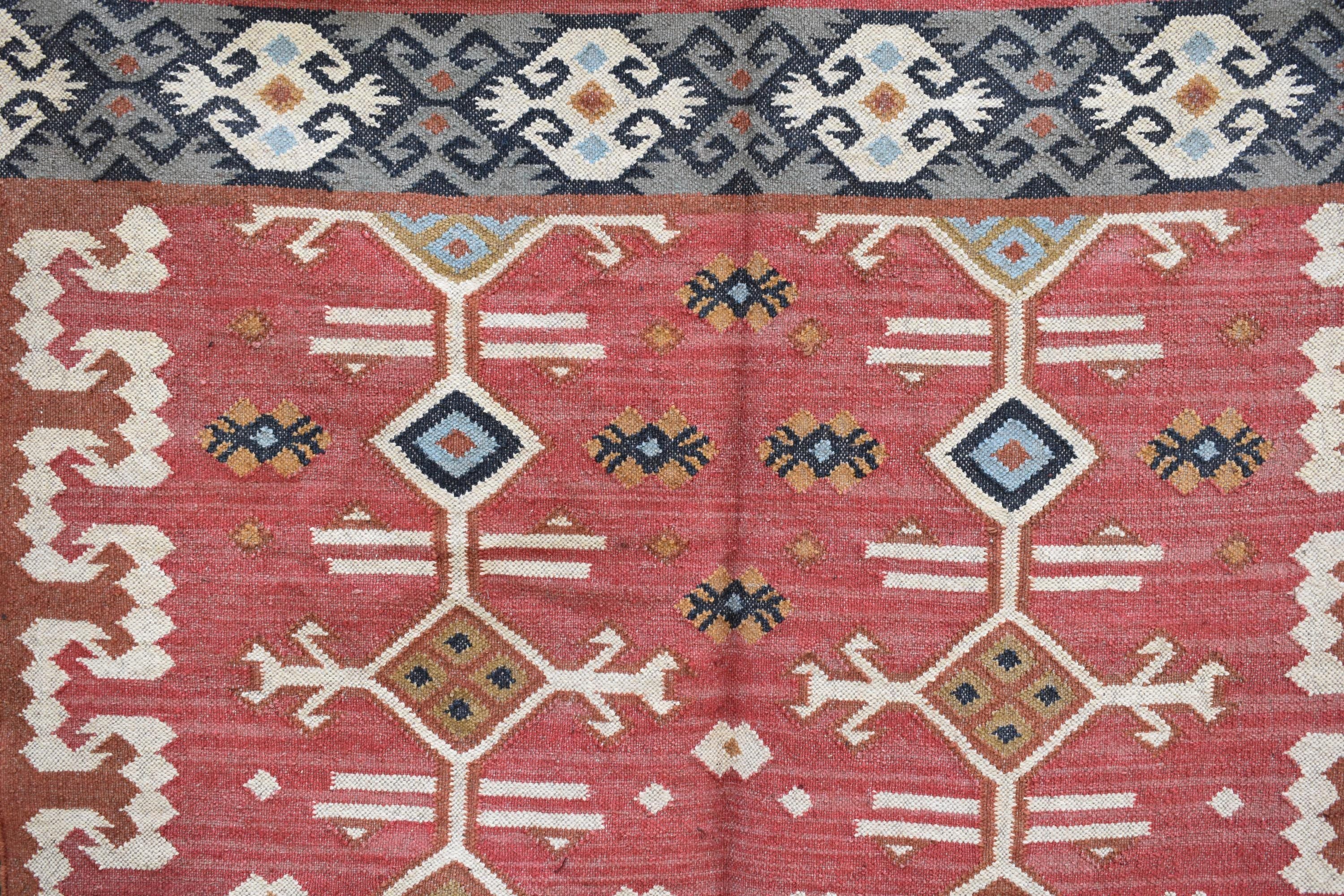 Rustic Wool Jute Kilim Rug, Tribal Flat Weave Area Rug, Handmade Indian Boho Carpet, Natural Fiber Floor Rug