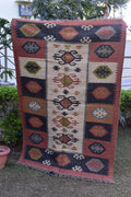 Handwoven Wool Jute Kilim Rug | Tribal Geometric Medallion Design | Boho Vintage Area Rug for Living Room & Bedroom