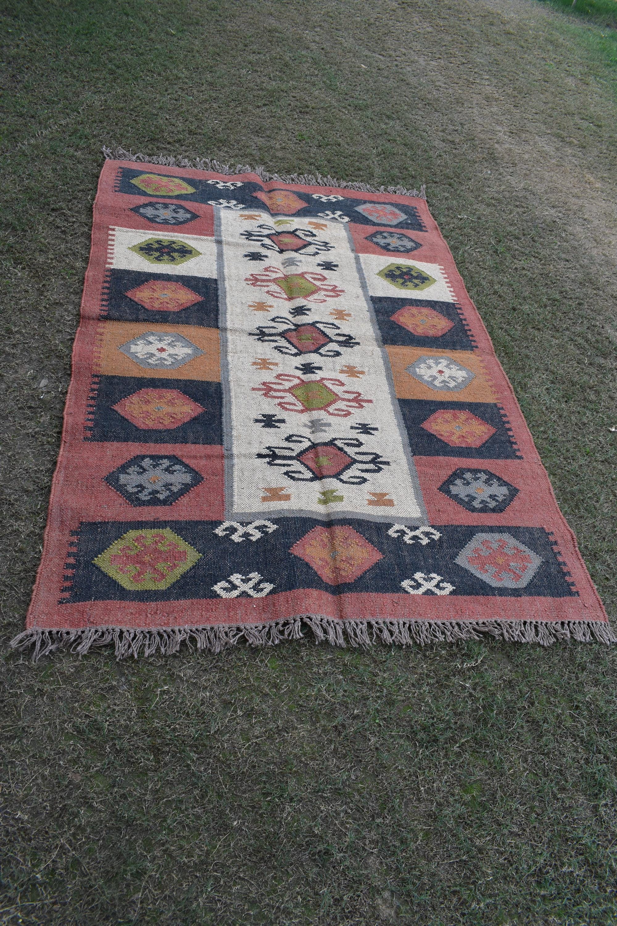 Handwoven Wool Jute Kilim Rug | Tribal Geometric Medallion Design | Boho Vintage Area Rug for Living Room & Bedroom