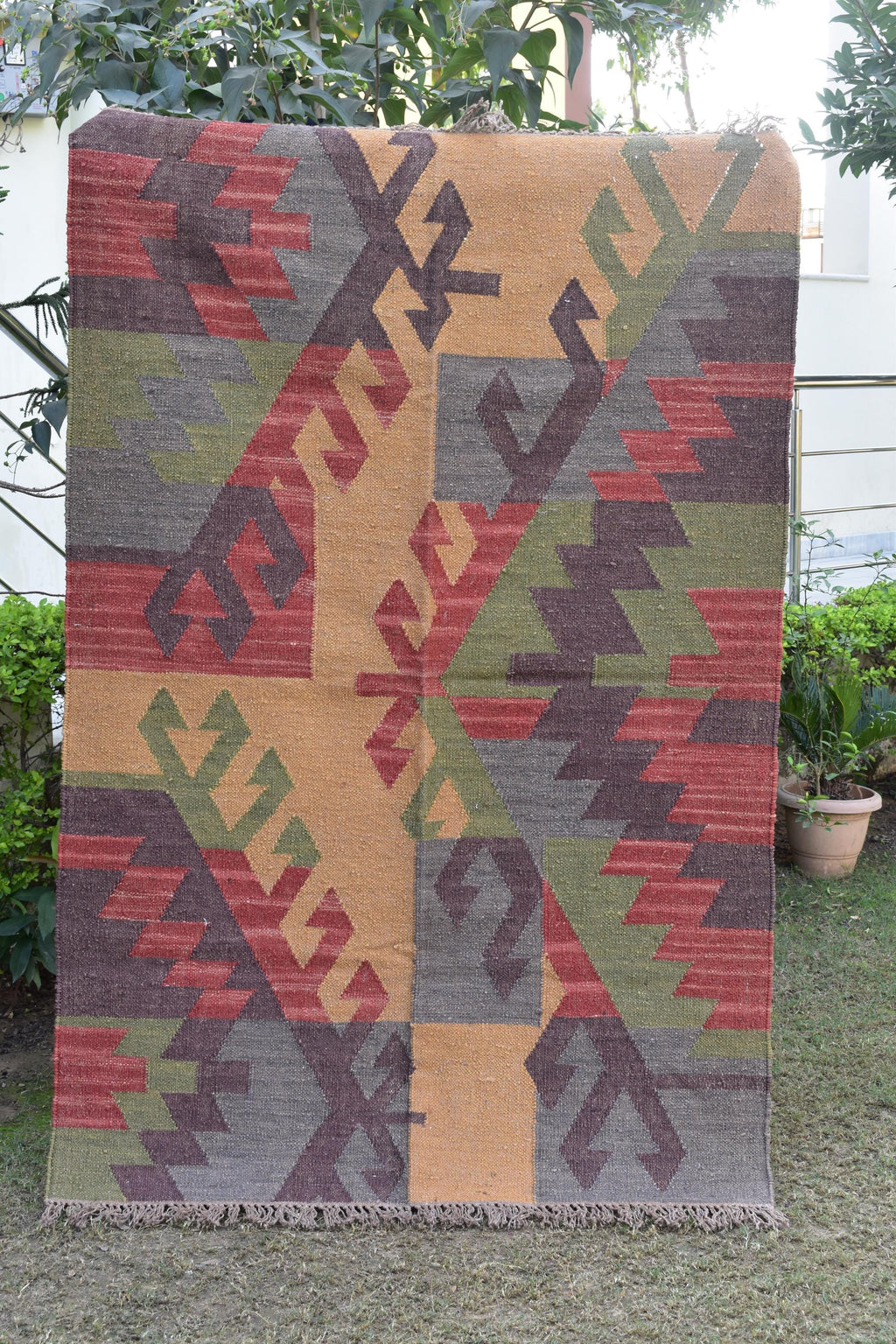 Handwoven Wool Jute Kilim Rug | Aztec Tribal Geometric Design | Boho Rustic Patchwork Area Rug for Living Room