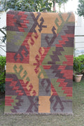 Handwoven Wool Jute Kilim Rug | Aztec Tribal Geometric Design | Boho Rustic Patchwork Area Rug for Living Room