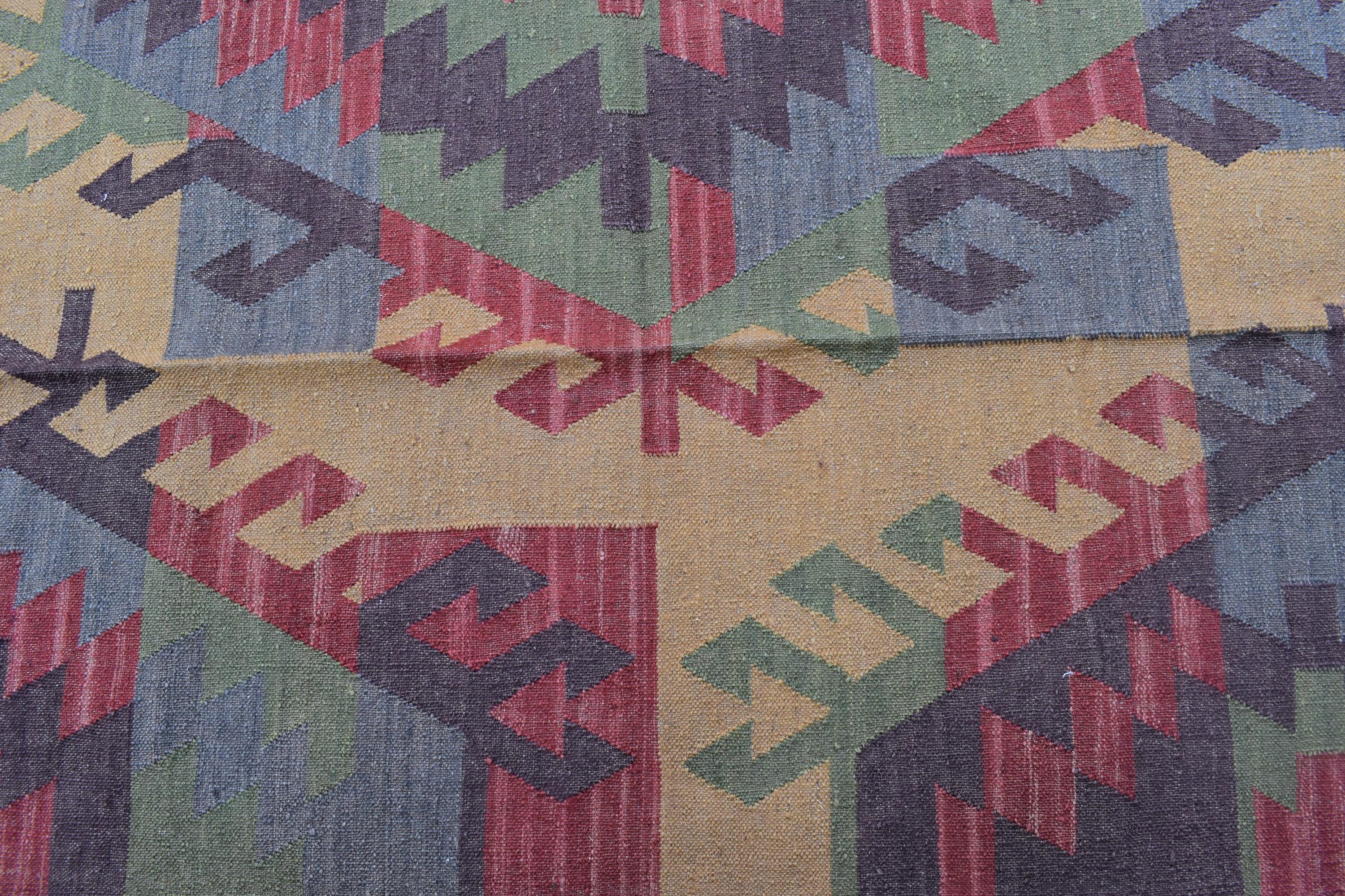 Handwoven Wool Jute Kilim Rug | Aztec Tribal Geometric Design | Boho Rustic Patchwork Area Rug for Living Room