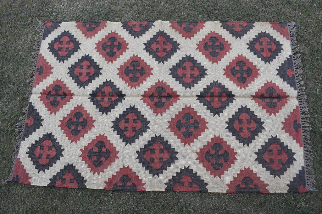Handwoven Wool Jute Kilim Rug | Tribal Diamond Medallion Pattern | Boho Vintage Area Rug for Living Room & Bedroom Reversible Flat Weave Rug
