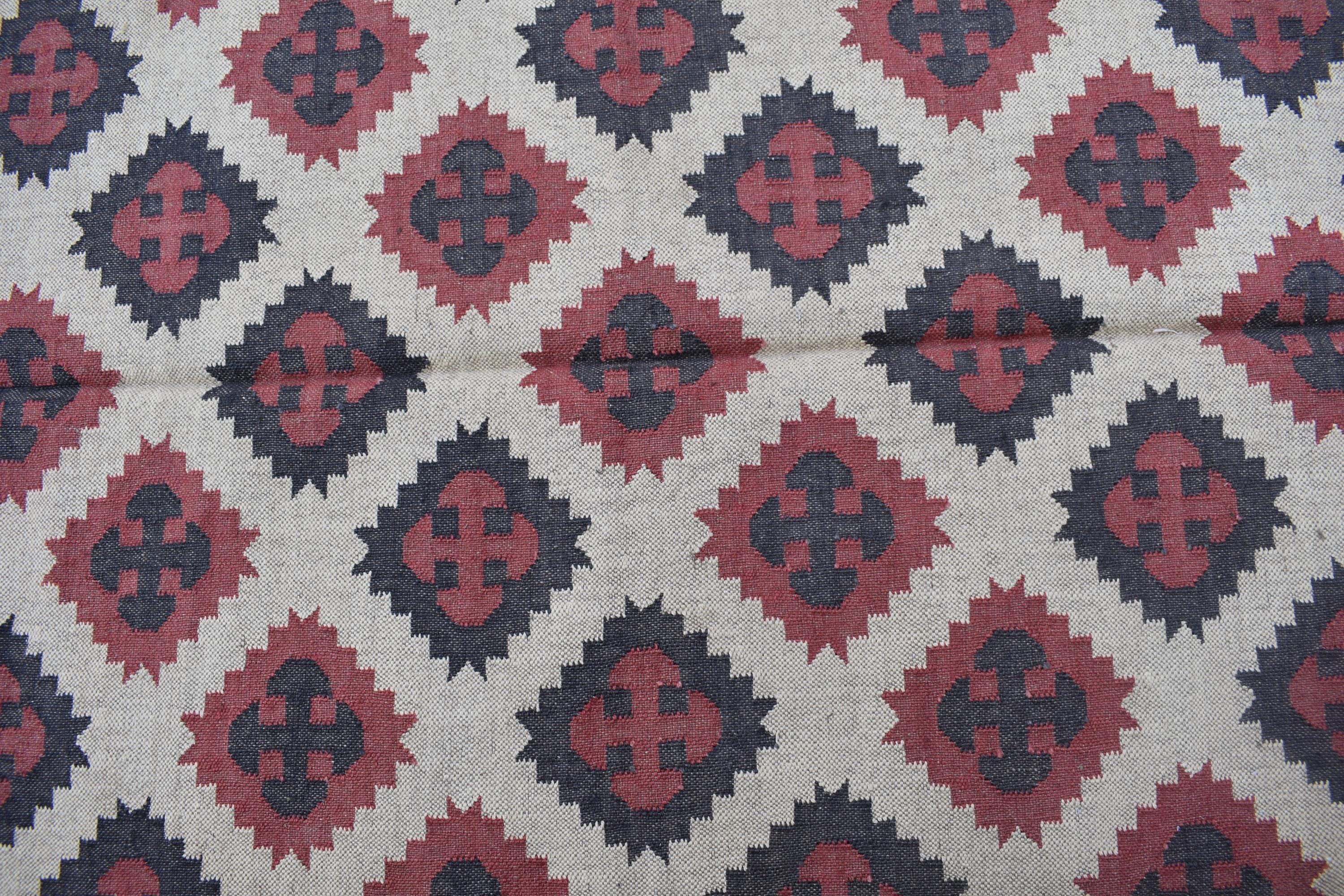 Handwoven Wool Jute Kilim Rug | Tribal Diamond Medallion Pattern | Boho Vintage Area Rug for Living Room & Bedroom Reversible Flat Weave Rug
