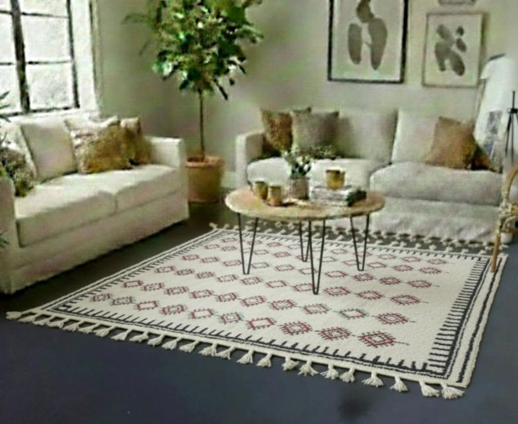 Handmade Beni Ourain Geometric Rug, White Moroccan Berber Wool Rug, Tribal Minimalist Area Rug