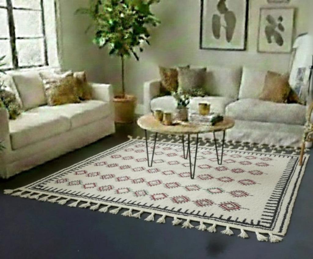 Handmade Beni Ourain Geometric Rug, White Moroccan Berber Wool Rug, Tribal Minimalist Area Rug