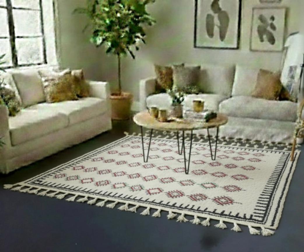 Handmade Beni Ourain Geometric Rug, White Moroccan Berber Wool Rug, Tribal Minimalist Area Rug
