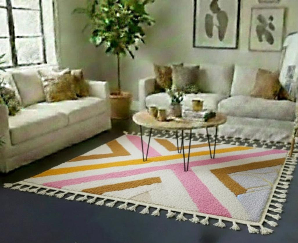Pink and Mustard Beni Ourain Rug, Handmade Moroccan Shag Rug, Berber Wool Bohemian Area Rug Vintage Area Carpet