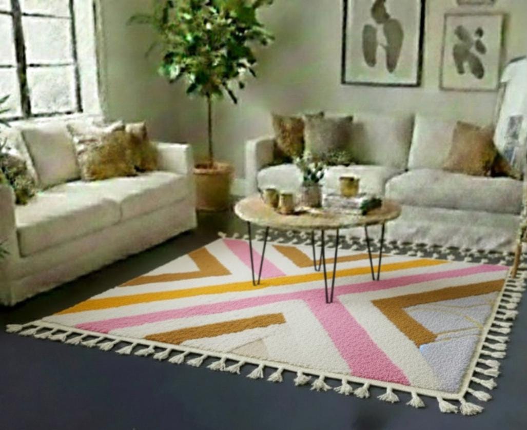 Pink and Mustard Beni Ourain Rug, Handmade Moroccan Shag Rug, Berber Wool Bohemian Area Rug Vintage Area Carpet