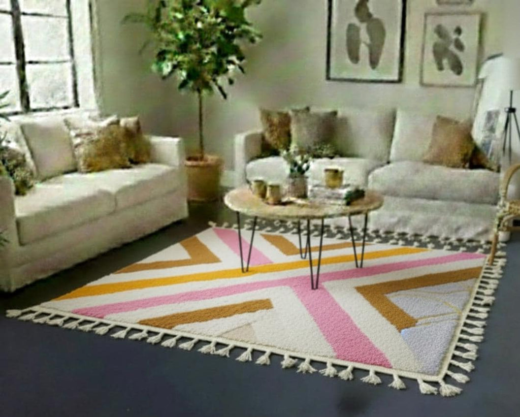 Pink and Mustard Beni Ourain Rug, Handmade Moroccan Shag Rug, Berber Wool Bohemian Area Rug Vintage Area Carpet