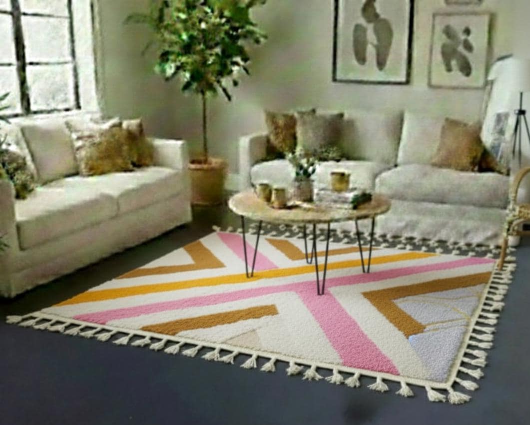 Pink and Mustard Beni Ourain Rug, Handmade Moroccan Shag Rug, Berber Wool Bohemian Area Rug Vintage Area Carpet