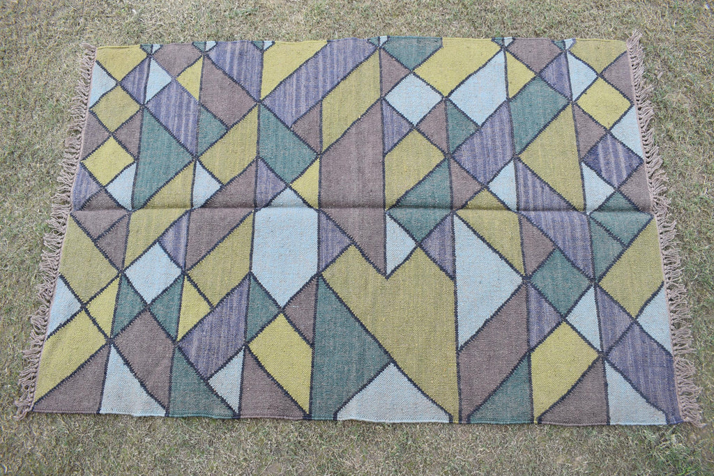 Ethnic Handwoven Wool Jute Kilim Rug Tribal Diamond Design Bohemian Vintage Flatweave Reversible Carpet Boho Tribal Area Rug