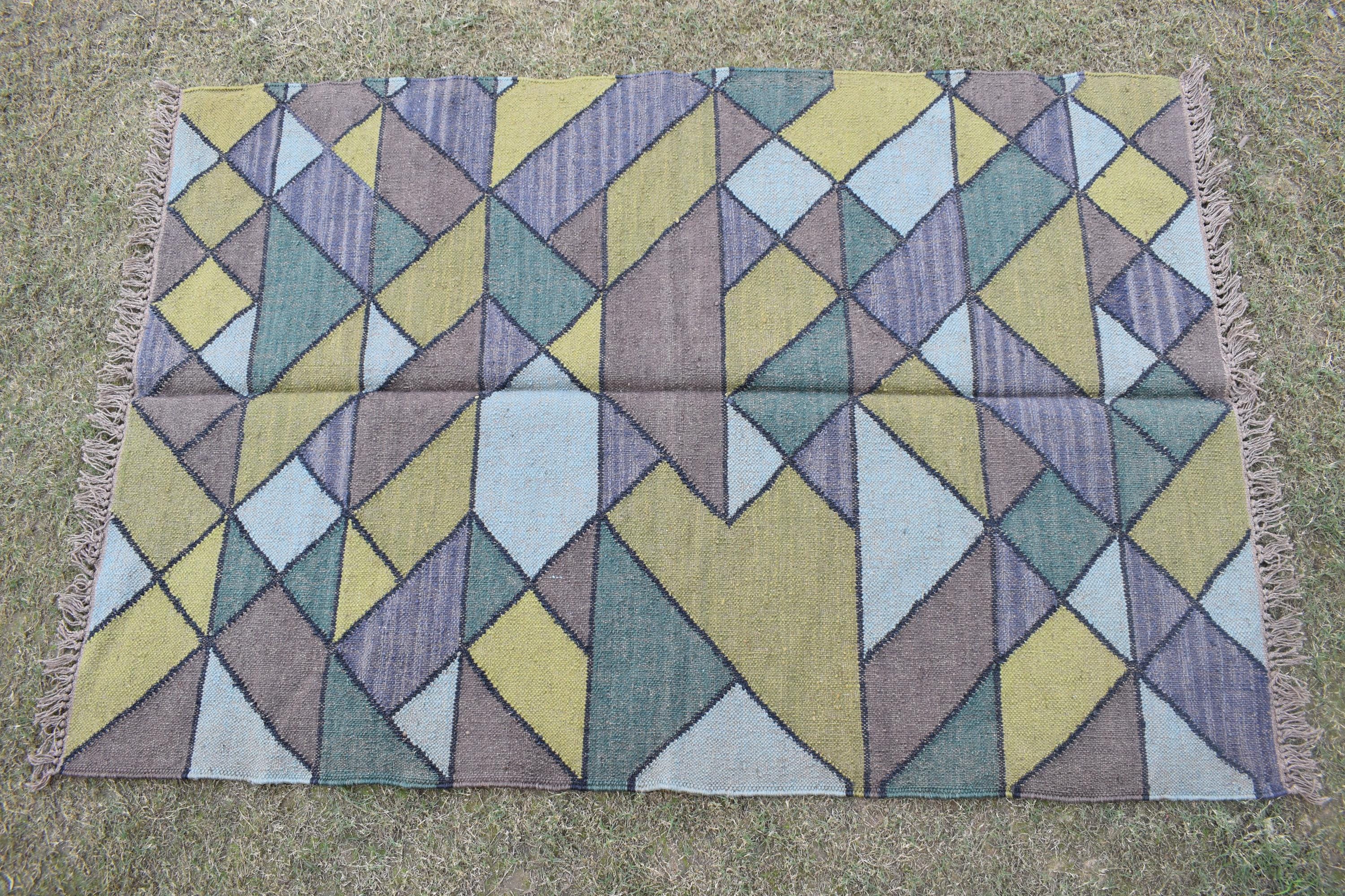 Ethnic Handwoven Wool Jute Kilim Rug Tribal Diamond Design Bohemian Vintage Flatweave Reversible Carpet Boho Tribal Area Rug