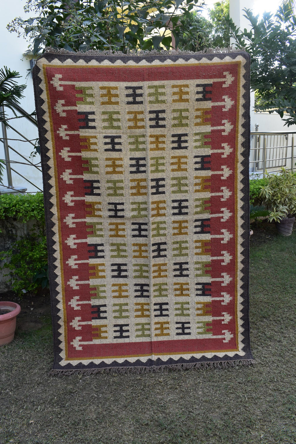 Minimalist Bohemian Kilim Rug Handmade Wool Jute Tribal Flat Weave Reversible Room Decor Rug Southwestern Tribal Rug